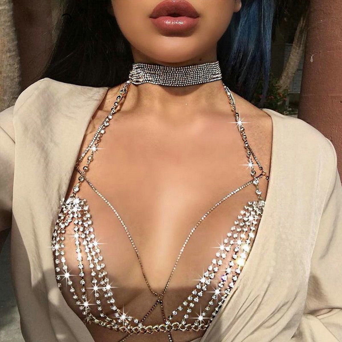 Stylish Shiny Crystal Rhinestone Bra Chest Body Chain Harness Necklace  Jewelry 